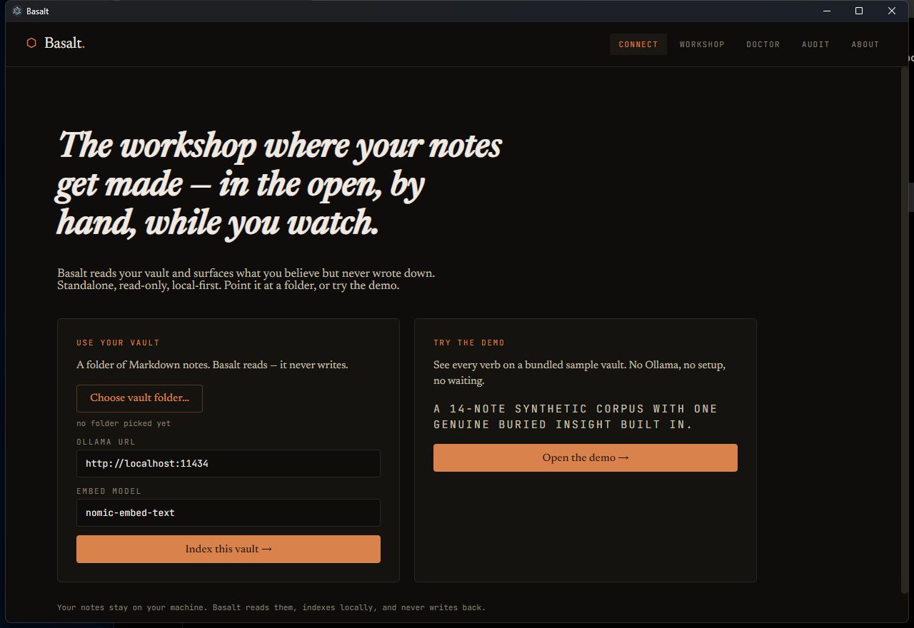 Basalt desktop — the first-touch onboarding screen with two equal-weight cards